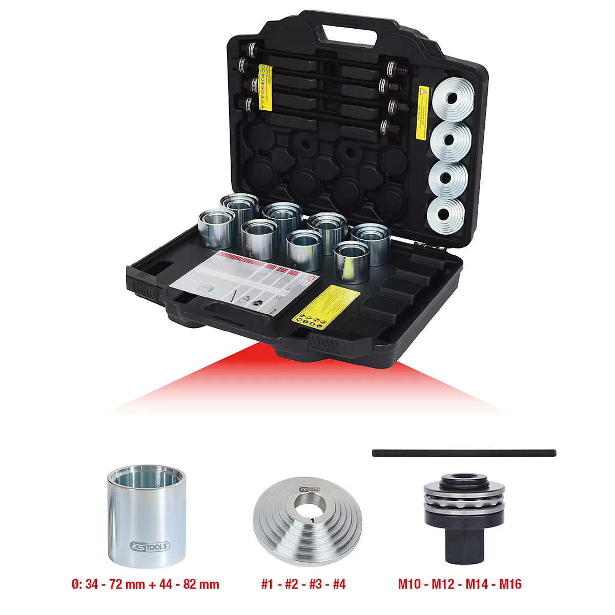 Werkzeugkasten mit verschiedenen Werkzeugen, darunter Hülsen, Scheiben und ein Schraubstock.